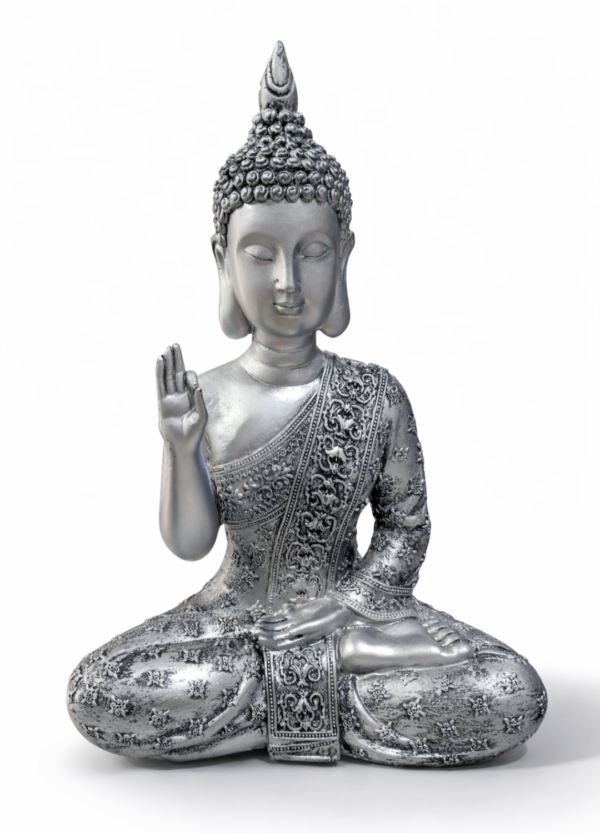 Buda plateado 27cm altura poliresina